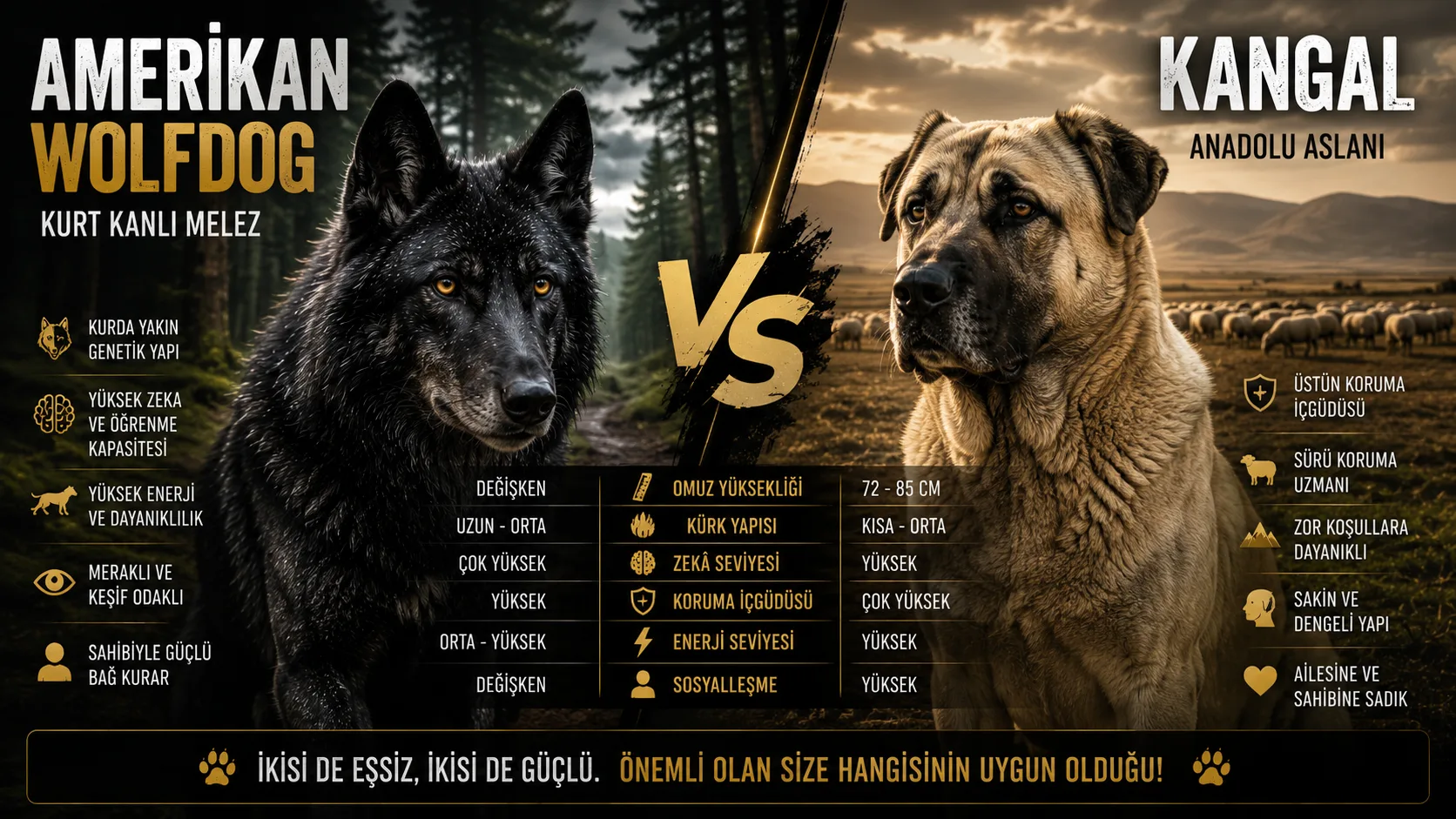 Amerikan Wolfdog ve Kangal Karşılaştırması | Karakter, Güç, Bakım ve Yaşam Tarzı